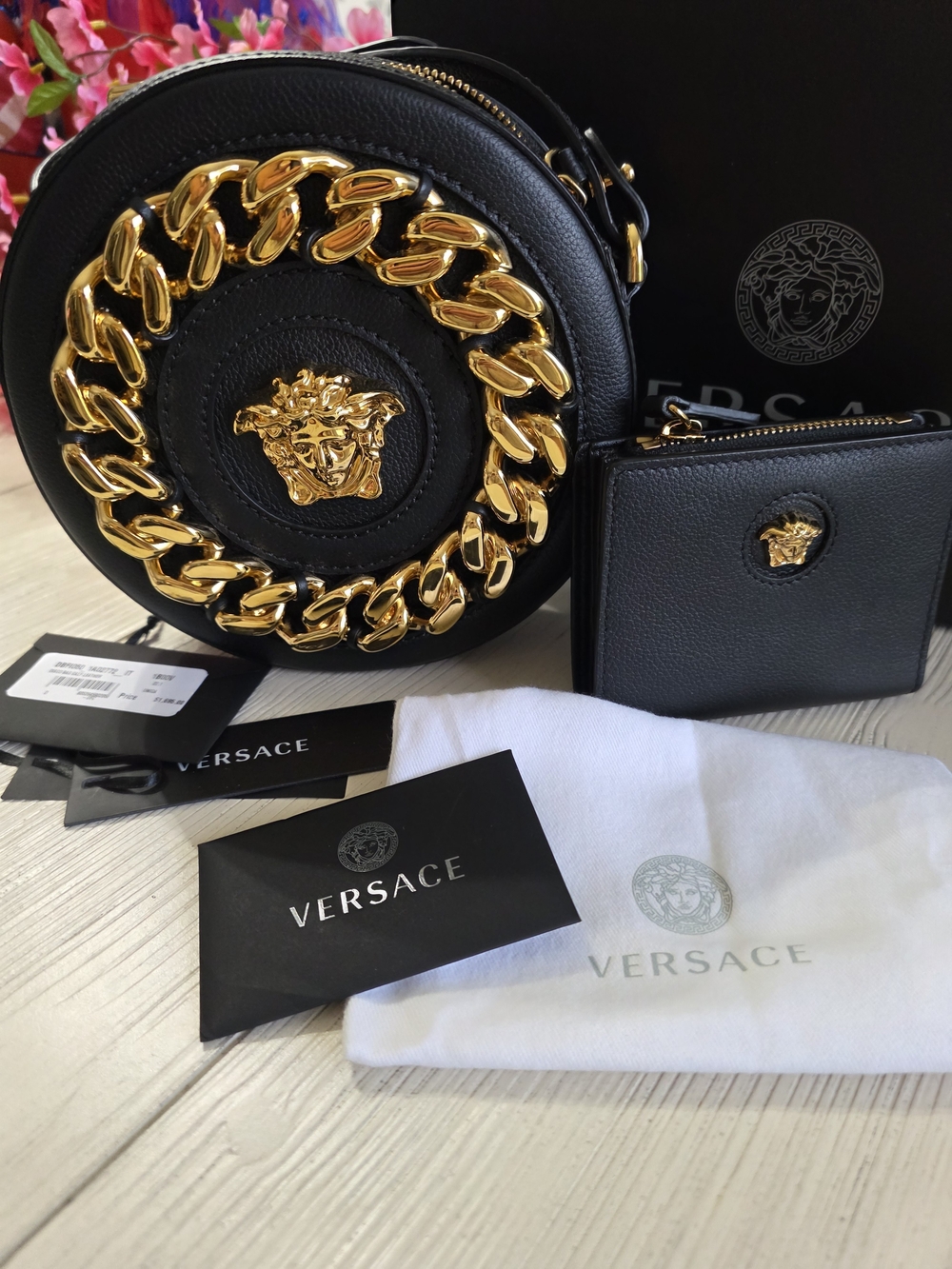 Versace Black Leather Round Crossbody with Gold Medusa Chain With Wallet